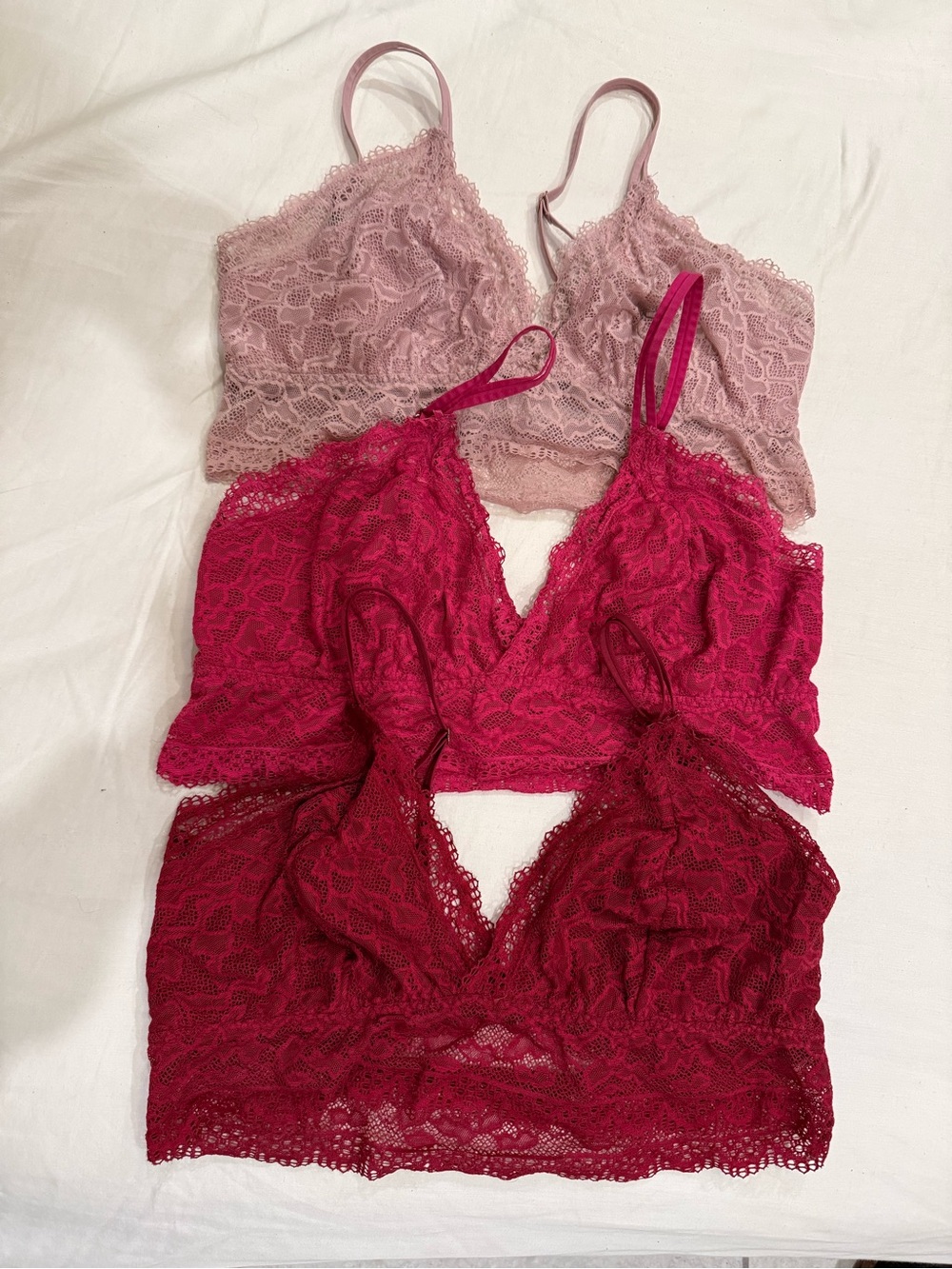 Three Lace Bralettes - Red, Hot Pink, Dusty Pink